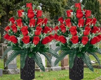 Artificial Cemetery Flowers Set of 2 | Grave Decoration Bouquet with Vase
