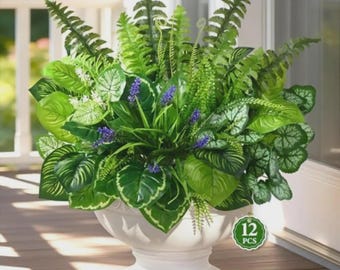 12 Pcs Artificial Outdoor Plants Set - UV Resistant Faux Fern Lavender Morning Glory Decor