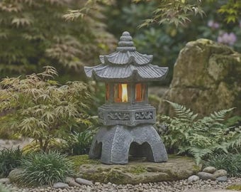 Solar Pagoda Stone Lantern, Japanese Zen Garden Light, Outdoor Pathway Decor