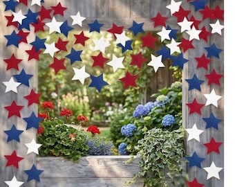 Red White Blue Star Garland, Patriotic Party Decorations, 4th of July Banner
