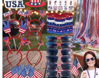 188PCS 4th of July Patriotic Party Favors Set, USA Headbands, Glasses, Necklaces, Tattoos