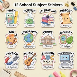 Skolämnesdekaler Bundle | Söta Kawaii Planner Stickers för elever | Matematik Naturvetenskap Engelska Konst | Studiedekaler PNG