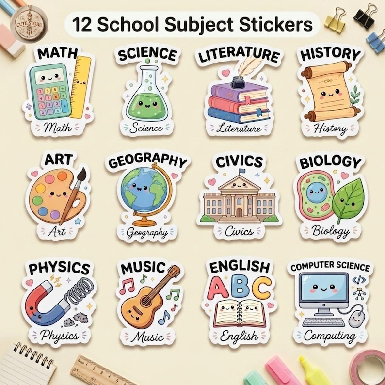 School Subject Stickers Bundle | Cute Kawaii Planner Stickers for ...