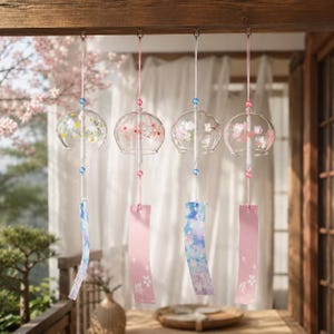 以下が含まれることがあります： 一列に並んで吊るされた4つの透明なガラス製風鈴。それぞれの鈴には、ピンク、白、黄色の繊細な花柄が描かれています。細い紐で吊るされており、小さな青やピンクのビーズと、花柄が描かれた長方形の紙の短冊が付いています。