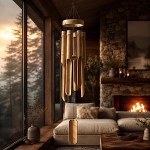 Peut inclure: Un carillon éolien en bambou naturel est suspendu dans un salon. Le carillon se compose de plusieurs tubes en bambou suspendus à un sommet circulaire, avec un percuteur rectangulaire. Les tons chauds du bambou complètent le décor rustique de la pièce.