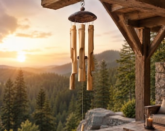 Campana de viento de bambú hecha a mano de 64 cm – Tapa de madera de coco natural, decoración colgante para interior y exterior, jardín, patio, porche, regalo rústico bohemio ecológico