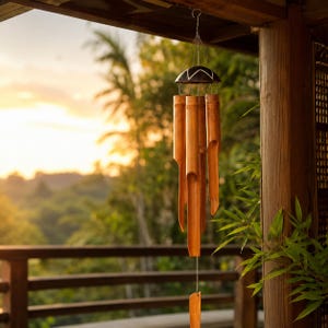 Op de afbeelding: Een bamboe windgong hangt aan een houten constructie, met een zwart-wit patroon aan de bovenkant. De windgong heeft verschillende cilindrische bamboe buizen van verschillende lengtes. De achtergrond toont een zonsondergang boven een groen landschap.