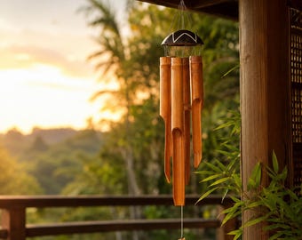 Handmade Bamboo Wind Chime, Natural Rustic Outdoor Garden Porch Decor, Coconut Shell Top Boho Hanging Wind Bell, Unique Nature Gift