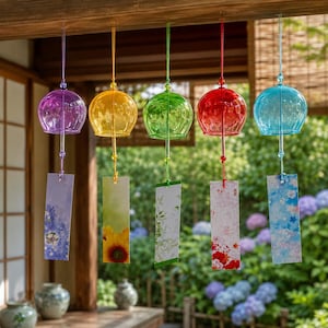 以下が含まれることがあります： 木製の梁から吊り下げられた、5つのカラフルなガラス製の風鈴。各風鈴は紫、黄色、緑、赤、青の異なる色をしています。それぞれに、花の模様が描かれた装飾的な紙のタグが付いています。