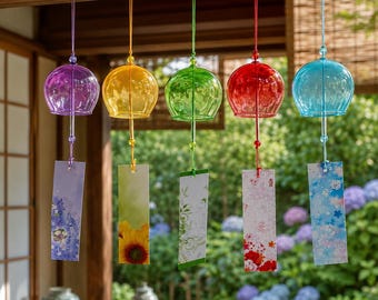 Japanese Glass Wind Chime – Colorful Handmade Furin Bell, Floral Paper Tail, Indoor Outdoor Window Door Room Hanging Decor Gift