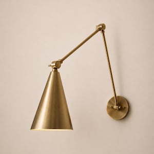 Articulated Brass Cone Wall Sconce | Swing Arm Reading Lamp, Mid Century Modern Plug-In Light