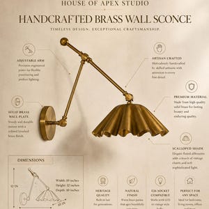 Handcrafted Brass Swing Arm Ruffle Sconce, Scalloped Fluted Shade Adjustable Wall Lamp, Antique Bedside Wall Light, Gift for Dad Room