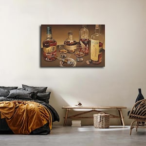 Op de afbeelding: Een stilleven schilderij met verschillende flessen sterke drank, waaronder Buffalo Trace en E.H. Taylor, samen met glazen, een sigaar en een asbak. De flessen zijn amberkleurig en de glazen zijn gevuld met een donkere vloeistof. Het schilderij heeft een warm kleurenpalet.