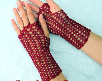 1800's Civil War Victorian Burgundy Handmade gloves PEARLS 100% cotton NEW