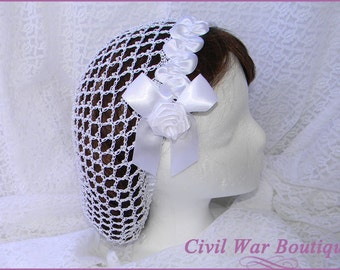 1800's Civil War Victorian Bridal Wedding White with Pearls and Roses Hair Net Handmade 100% cotton