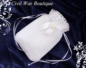 Civil War Victorian Bridal White Hand Crochet drawstring RETICULE PURSE with Pearls and Rose