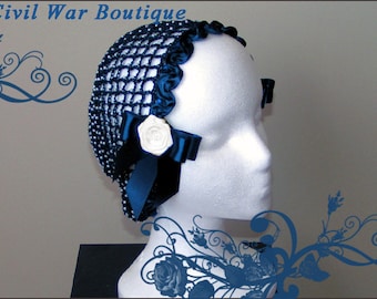 1800's Civil War Victorian Navy Blue Snood with Pearls and Roses Hair Net Handmade 100% cotton