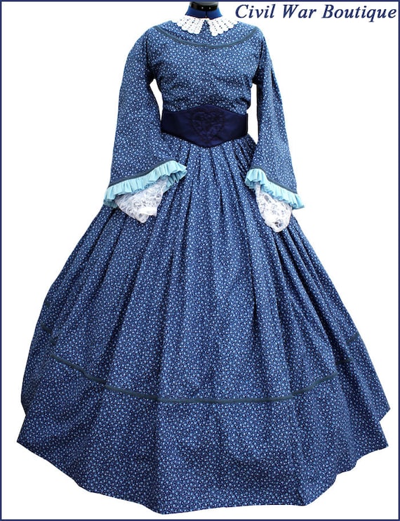 4 Piece 1800's Civil War Victorian Pagoda Sleeve Blue Day Dress