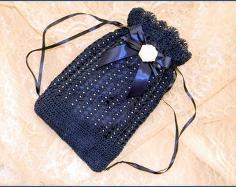 Civil War Victorian Navy Blue Hand Crochet drawstring RETICULE PURSE with Pearls and Rose