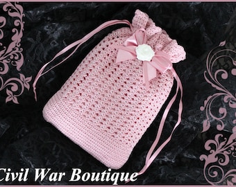 Civil War Victorian Bridal Dusty Rose Pink Hand Crochet drawstring RETICULE PURSE with Pearls and Rose