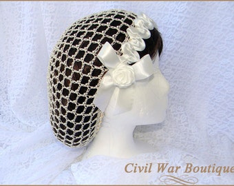1800's Civil War Victorian Cream Beige Snood with Pearls and Roses Hair Net Handmade 100% cotton