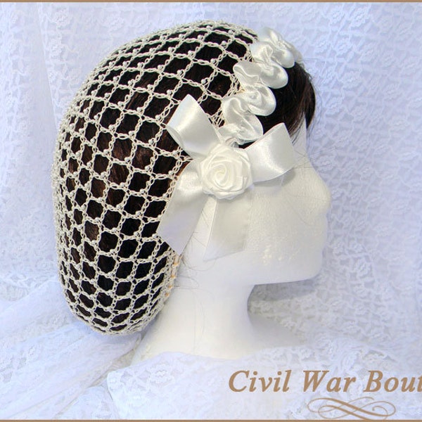 1800's Civil War Victorian Cream Beige Snood with Pearls and Roses Hair Net Handmade 100% cotton