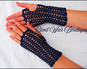 1800's Civil War Victorian Dark Navy Blue Handmade gloves PEARLS 100% cotton NEW Size S/M or L