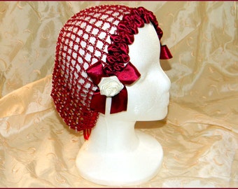 1800's Civil War Victorian Burgundy Snood with Pearls and Roses Hair Net Handmade 100% cotton