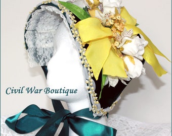1800's Civil War Victorian Green Velvet Handmade Bonnet Hat Flowers Lace New