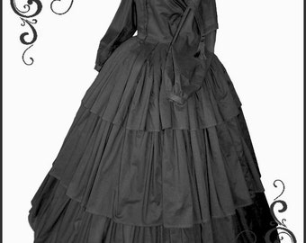 1800's Civil War Victorian Goth 3 tier Mourning Black Dress Gorgeous Gown