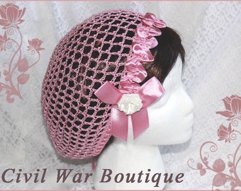 1800's Civil War Victorian Bridal Wedding Dusty Rose Pink with Pearls and Roses Hair Net Handmade 100% cotton