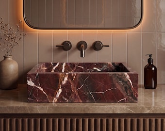 Lavabo rettangolare in marmo Rosso Levanto fatto a mano, lavabo in pietra naturale rosso bordeaux