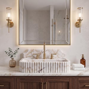 Lavabo rectangular estriado de mármol Calacatta Gold, lavabo de sobreponer, piedra artesanal.