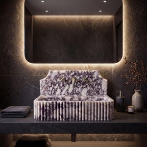 Handcrafted Calacatta Viola Marble Sink with Backsplash, Fluted Washbasin, Elegant Bathroom Design