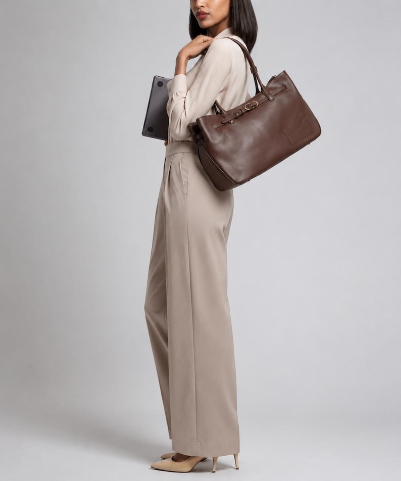 Structured Leather Tote, Laptop Compartment, Interior Organizer Pockets ...