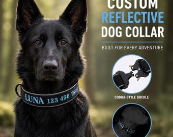 Collar táctico reflectante personalizado para perros, bordado a medida, silencioso y resistente para perros grandes (K9).