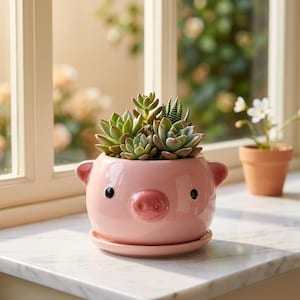 May include: A glossy light pink ceramic planter shaped like a pig's head, featuring two small ears, a protruding snout, and two black eyes. The planter sits on a matching circular saucer and contains a cluster of green succulent plants.