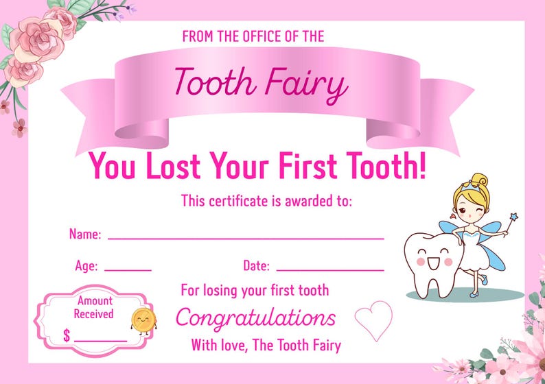 First Tooth Certificate - Tooth Fairy Keepsake (instant Download PDF ...