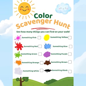 Puede incluir: Una hoja de actividades de búsqueda de colores con un sol amarillo, una nube azul y una lista de colores que incluye rosa, amarillo, rojo, azul, verde, morado, naranja, marrón, blanco y negro, cada uno con una casilla para marcar los objetos encontrados.
