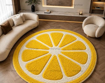 Round Lemon Slice Area Rug Bright  Yellow Citrus Tufted Carpet for Kitchen Playroom Summer  Decor Cute  Fruit Shaped Floor Mat Custom Size .