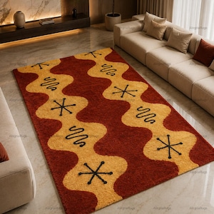 Alfombra de estilo moderno de mediados de siglo, alfombra geométrica retro con mechones, alfombra ondulada rojo óxido y amarillo mostaza, alfombra de felpa con diseño de explosión atómica para sala de estar.