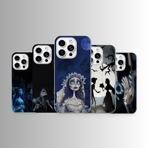 May include: Five smartphone cases featuring scenes from a dark animated film. Designs include a blue-toned bride character, silhouettes against a full moon, a skeletal figure, and a close-up of two hands exchanging a ring in a gothic style.