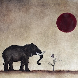 Elephant Art Print – Minimalist Animal Illustration with Red Sun – Nature and Wildlife Wall Decor – Butterfly Tree Artwork