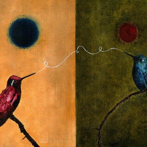 Stampa artistica Hummingbird Connection – Dipinto surreale sulla dualità, arte murale sulla natura simbolica, riproduzione ad olio su carta