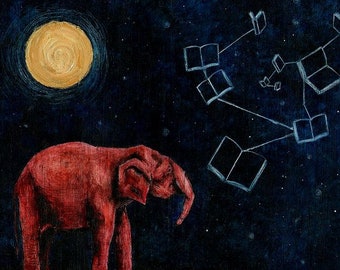 Elephant Art Print - Constellation Wall Decor with Books, The Books&#39; Constellation Illustration for Living Room or Nursery