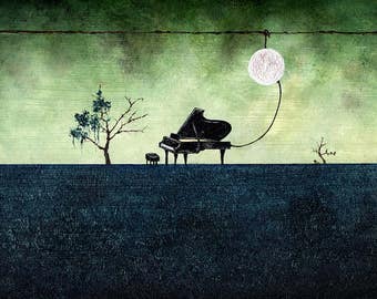 Art Print // Nature - moon - piano // "Winter".