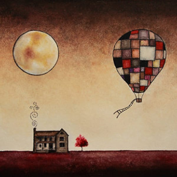 Art print // Old house - full moon - hot air balloon // "Till we find each other"