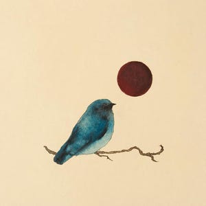 青い鳥のアートプリント - ミニマリストの油絵とパステル画、シュールな太陽と枝、落ち着いた空間のための象徴的な壁アート