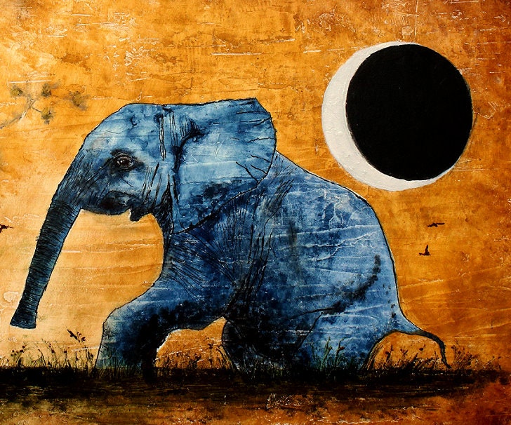 ◆BLUE ELEPHANT◆ CREA black 2395556 Blue Elephant and Black Cat Art Print - Surreal Animal