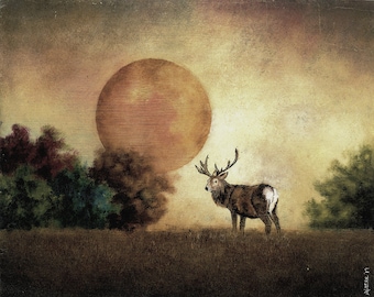 Art print / Deer - sunset - forest / "South"